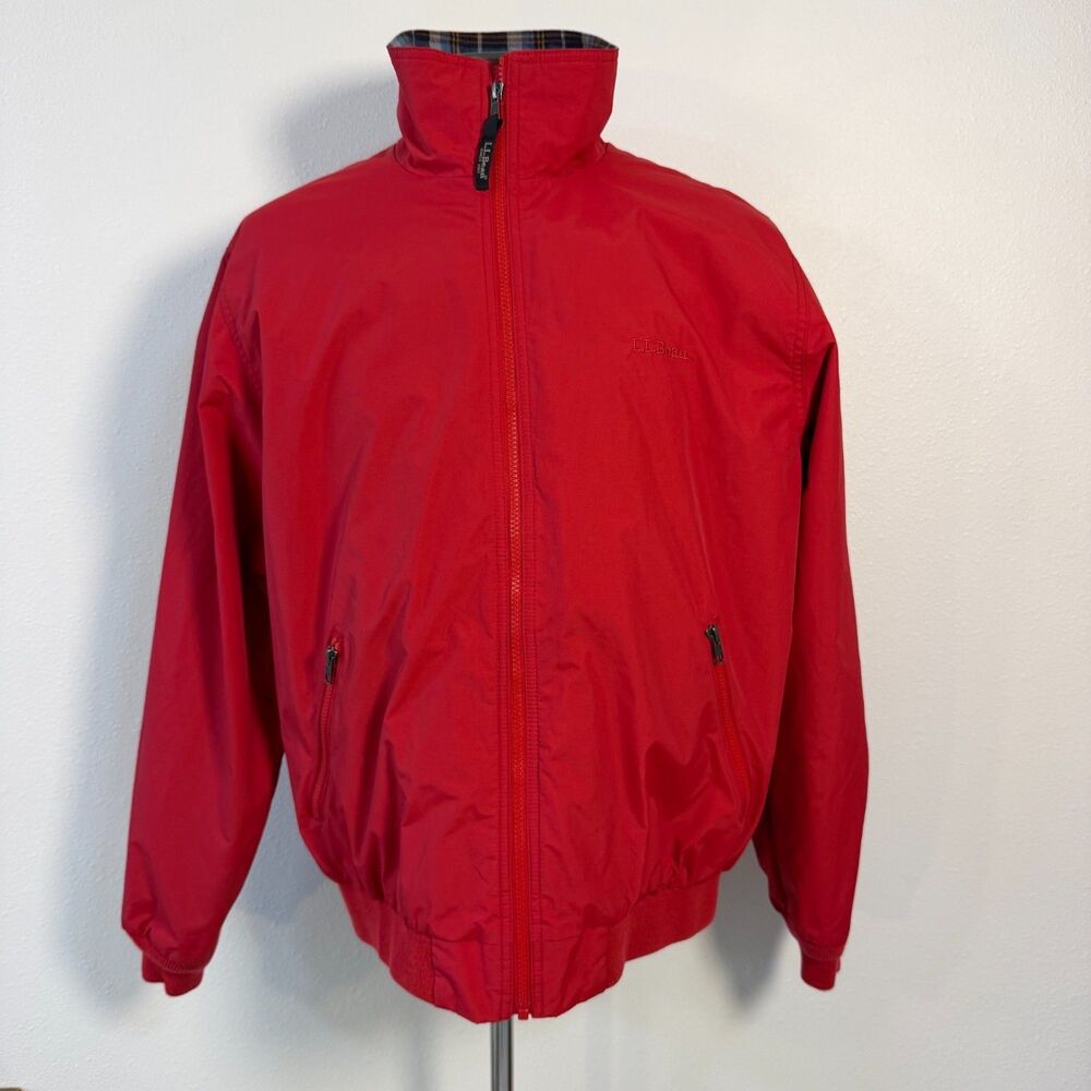 LL Bean Warm Up Jacket Mens L Red Plaid Flannel Lined Nylon Bomber 500395